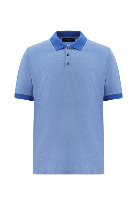 Açık Saks Mavi Slim Fit Dar Kesim Desenli Nakışlı Merserize Pamuk Polo Yaka T-shirt