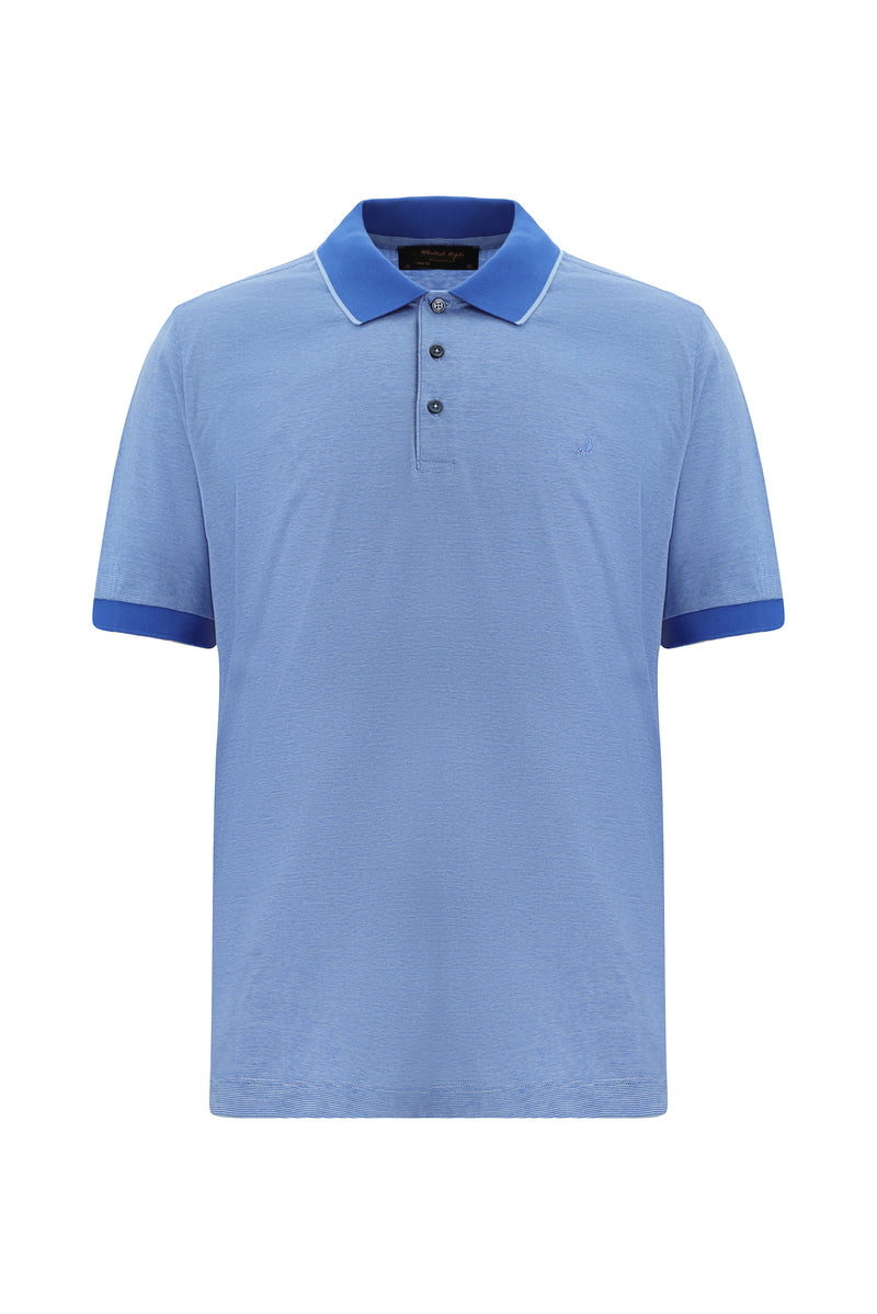 Açık Saks Mavi Slim Fit Dar Kesim Desenli Nakışlı Merserize Pamuk Polo Yaka T-shirt