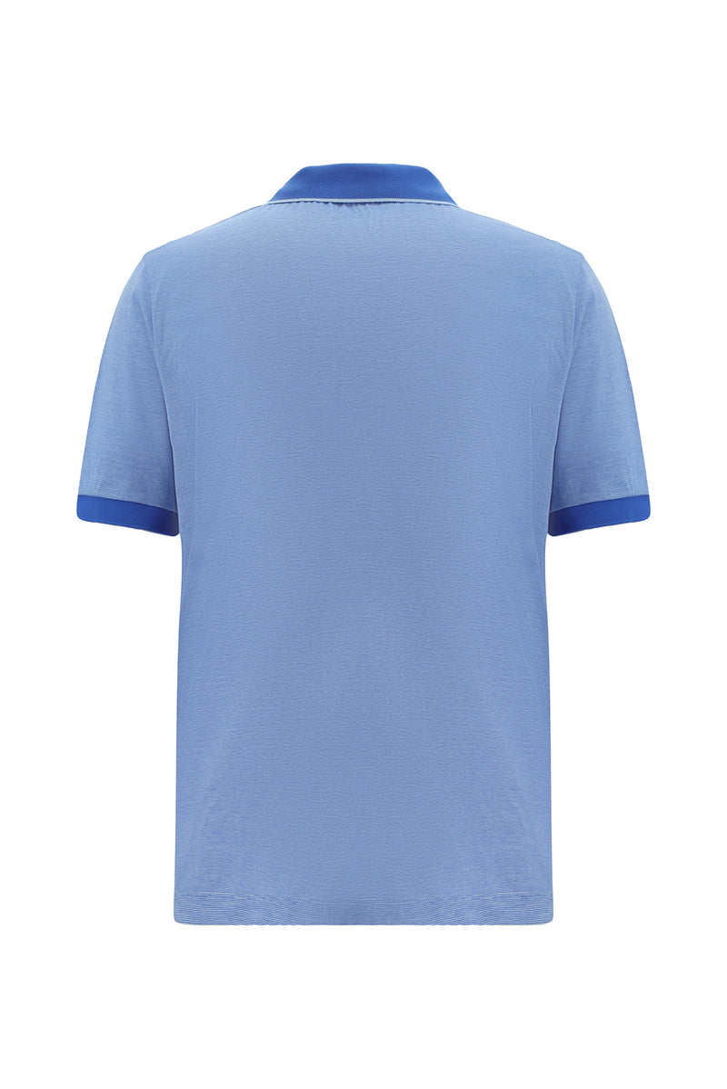 Açık Saks Mavi Slim Fit Dar Kesim Desenli Nakışlı Merserize Pamuk Polo Yaka T-shirt