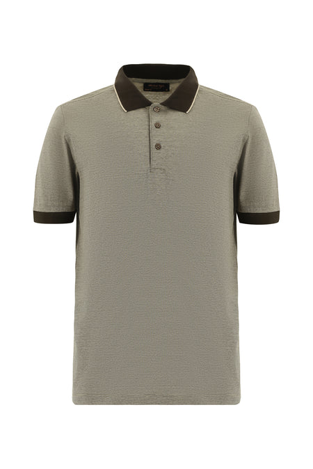 Orta Bej Slim Fit Dar Kesim Desenli Nakışlı Merserize Pamuk Polo Yaka T-shirt