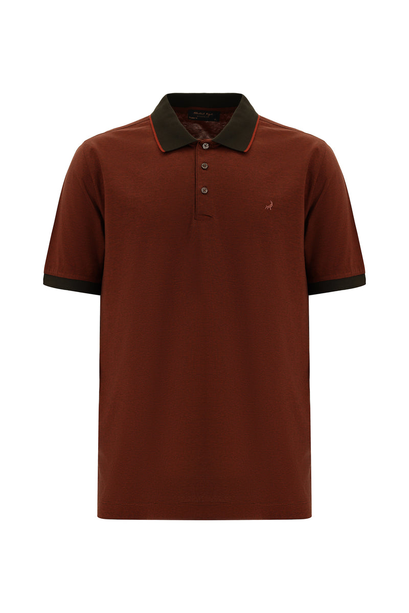 Kiremit Slim Fit Dar Kesim Desenli Nakışlı Merserize Pamuk Polo Yaka T-shirt