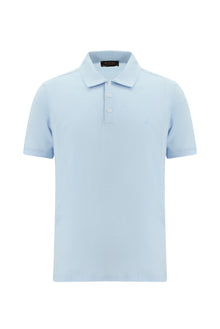 Açık Mavi Regular Fit Çizgili Nakışlı Merserize Pamuk Polo Yaka T-shirt