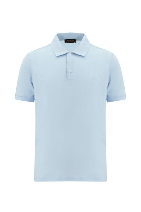 Açık Mavi Regular Fit Çizgili Nakışlı Merserize Pamuk Polo Yaka T-shirt