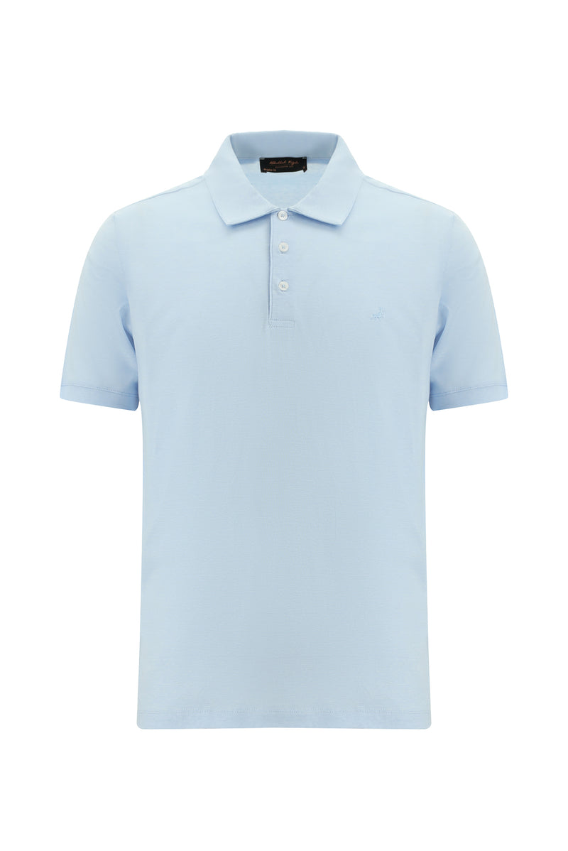 Açık Mavi Regular Fit Çizgili Nakışlı Merserize Pamuk Polo Yaka T-shirt