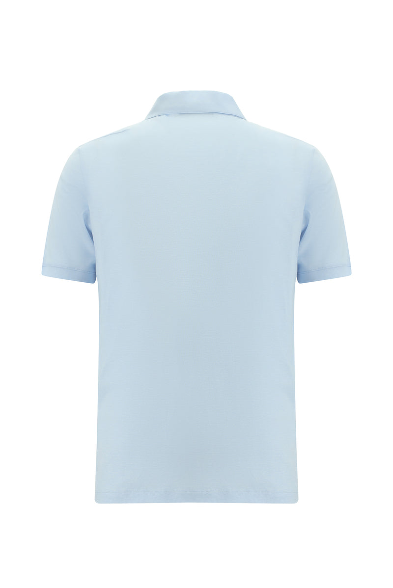 Açık Mavi Regular Fit Çizgili Nakışlı Merserize Pamuk Polo Yaka T-shirt