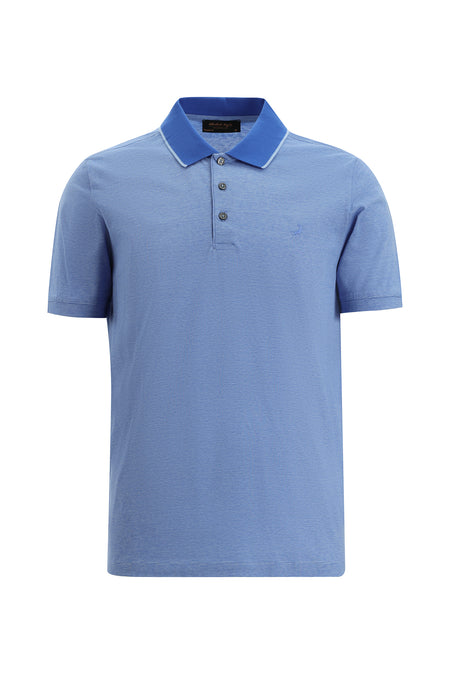 Açık Saks Mavi Regular Fit Çizgili Nakışlı Merserize Pamuk Polo Yaka T-shirt