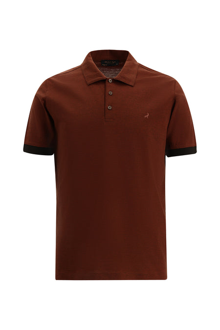 Kiremit Regular Fit Çizgili Nakışlı Merserize Pamuk Polo Yaka T-shirt