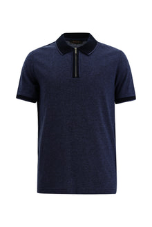Orta Lacivert Melanj Regular Fit Fermuarlı Desenli Merserize Pamuk Polo Yaka T-shirt
