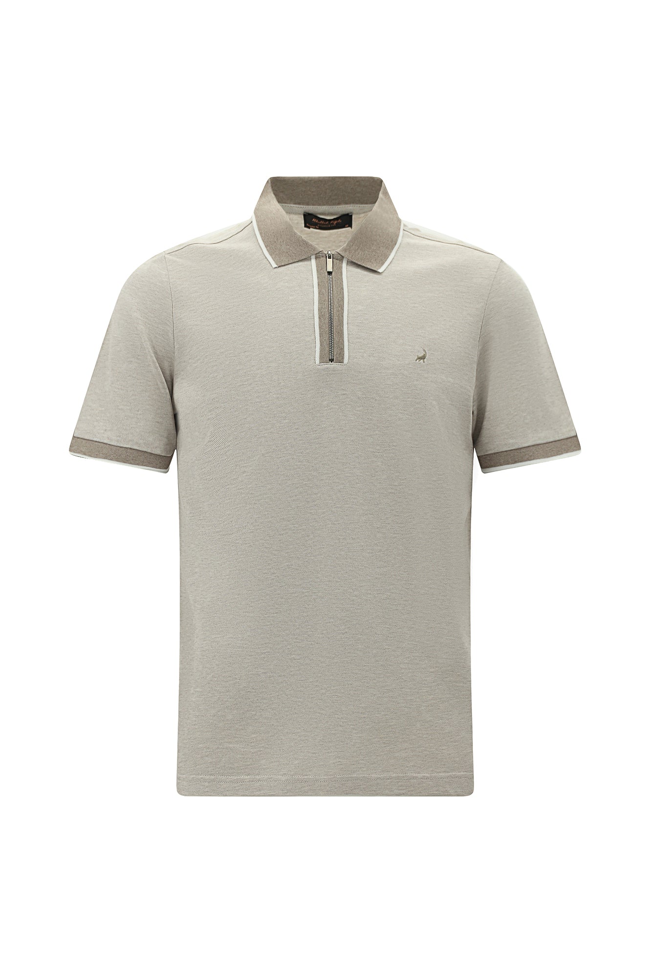 Orta Bej Regular Fit Fermuarlı Desenli Merserize Pamuk Polo Yaka T-shirt