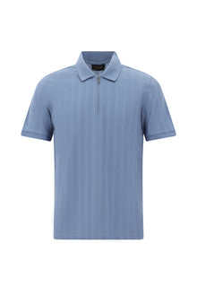 Havacı Mavi Regular Fit Fermuarlı Desenli Merserize Pamuk Polo Yaka T-shirt