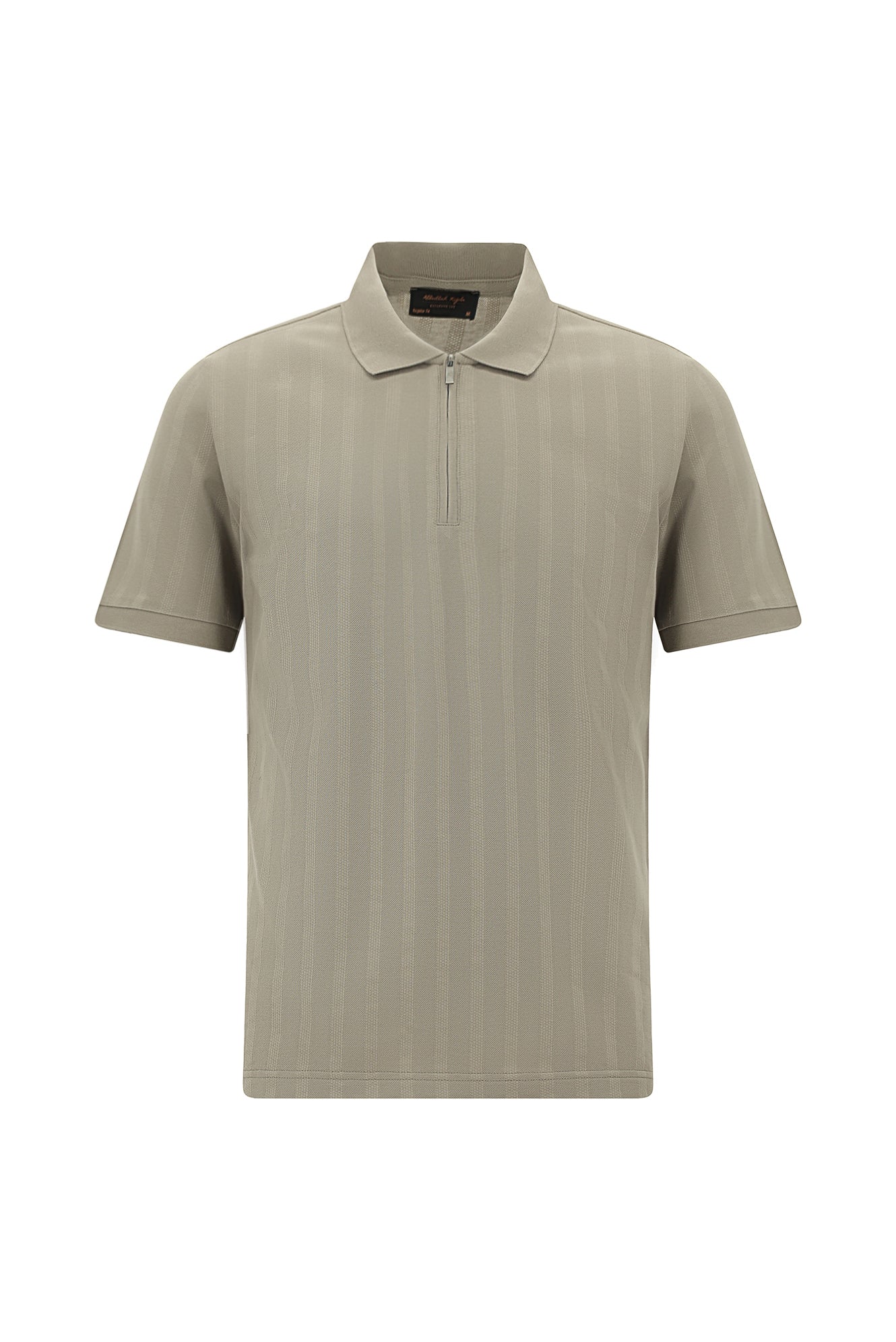 Orta Bej Regular Fit Fermuarlı Desenli Merserize Pamuk Polo Yaka T-shirt