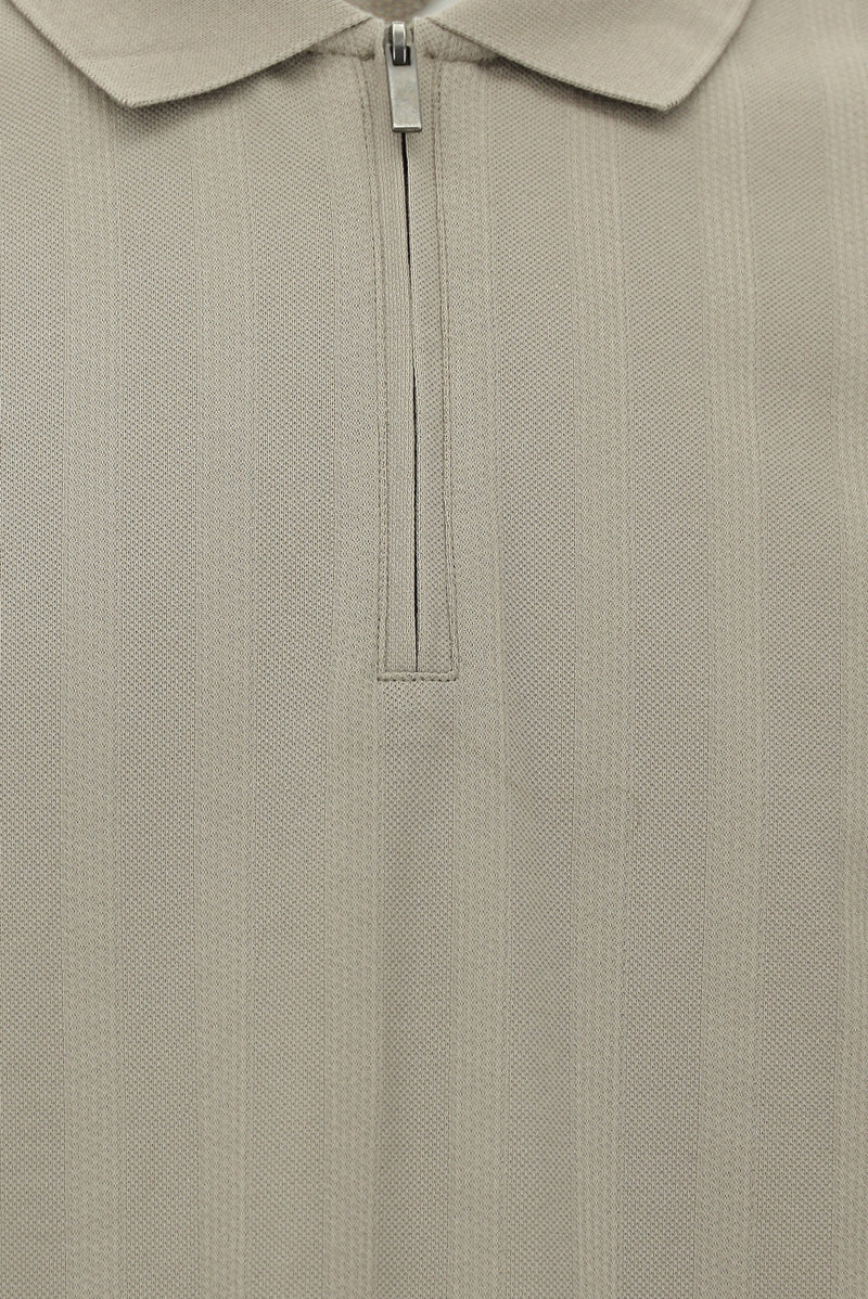 Orta Bej Regular Fit Fermuarlı Desenli Merserize Pamuk Polo Yaka T-shirt