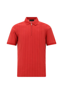 Açık Kırmızı Regular Fit Fermuarlı Desenli Merserize Pamuk Polo Yaka T-shirt