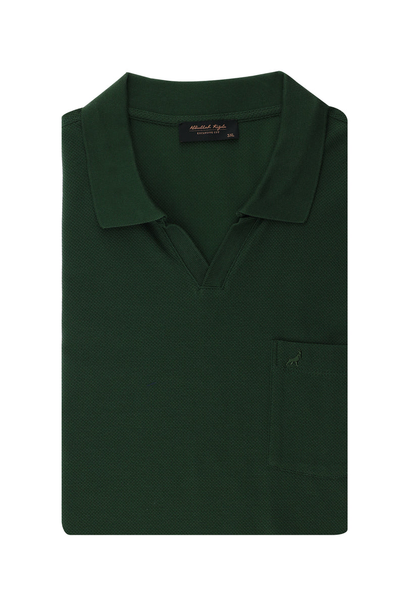 Koyu Yeşil Büyük Beden Nakışlı Pamuk Polo Yaka T-shirt