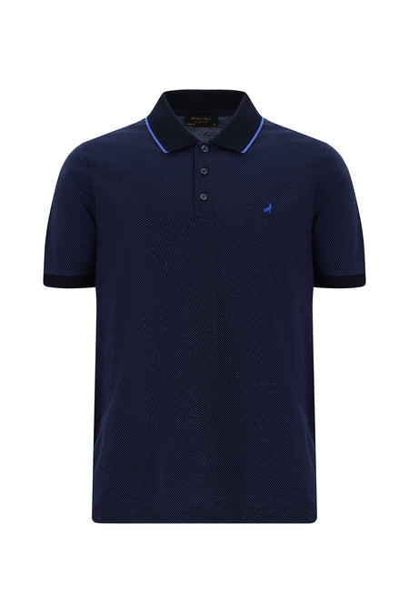 Çivit Mavisi Regular Fit Desenli Nakışlı Merserize Pamuk Polo Yaka T-shirt