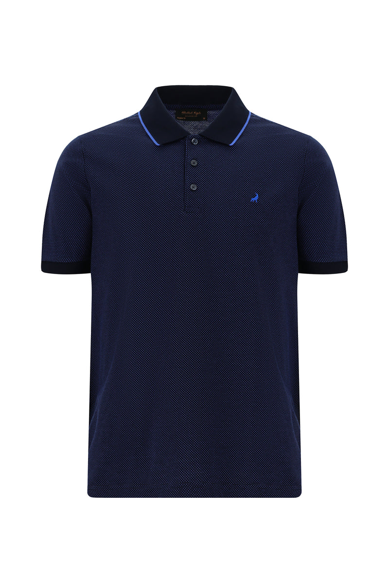 Çivit Mavisi Regular Fit Desenli Nakışlı Merserize Pamuk Polo Yaka T-shirt