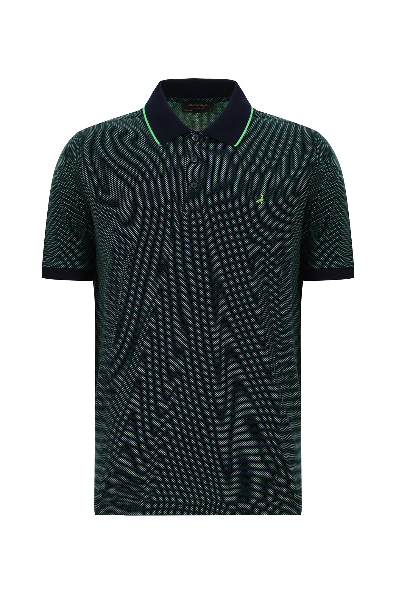 Çimen Yeşili Regular Fit Desenli Nakışlı Merserize Pamuk Polo Yaka T-shirt