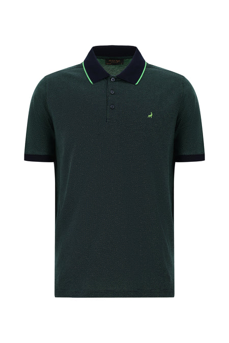Çimen Yeşili Regular Fit Desenli Nakışlı Merserize Pamuk Polo Yaka T-shirt