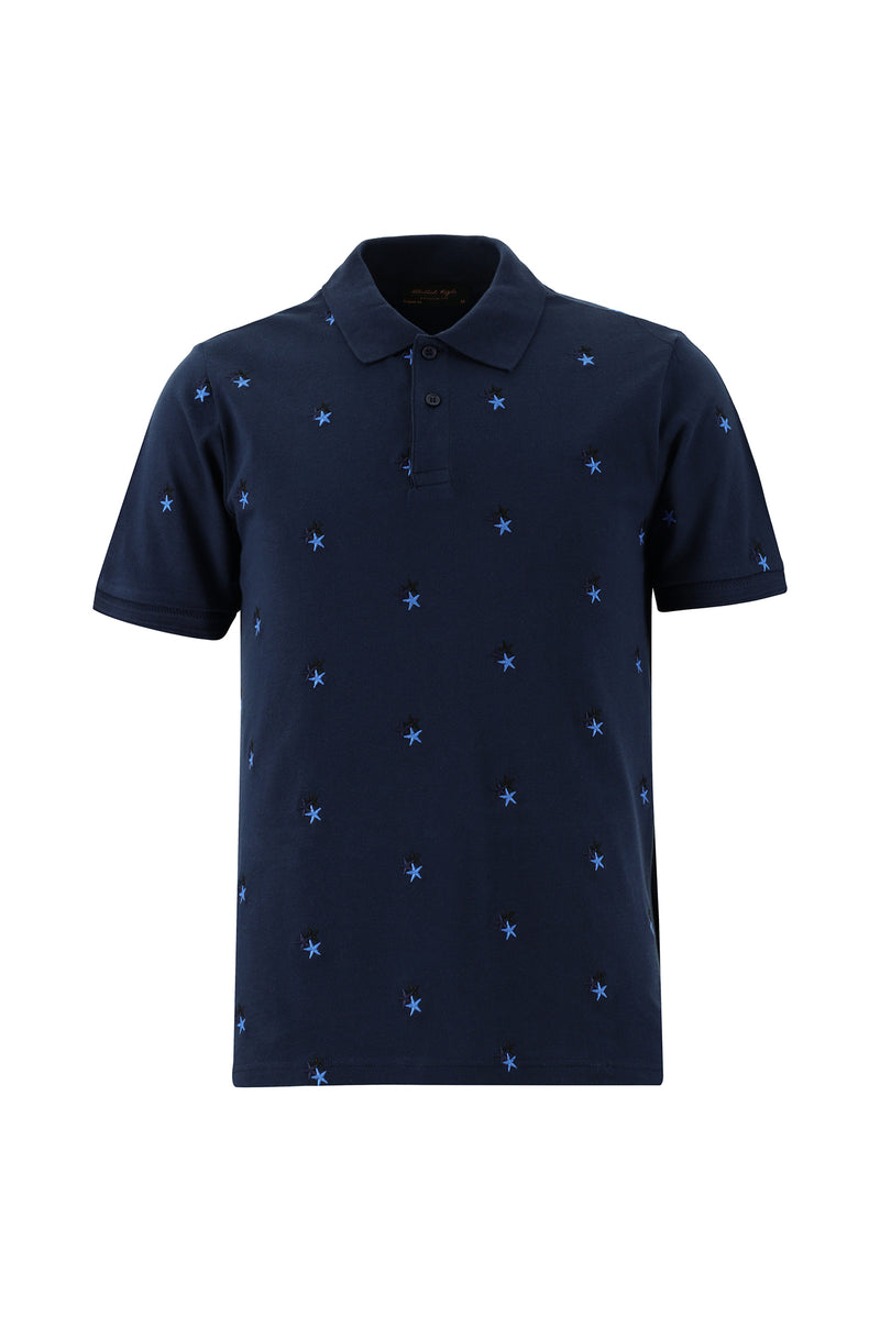Koyu Lacivert Polo Yaka Regular Fit Pamuk Desenli T-shirt