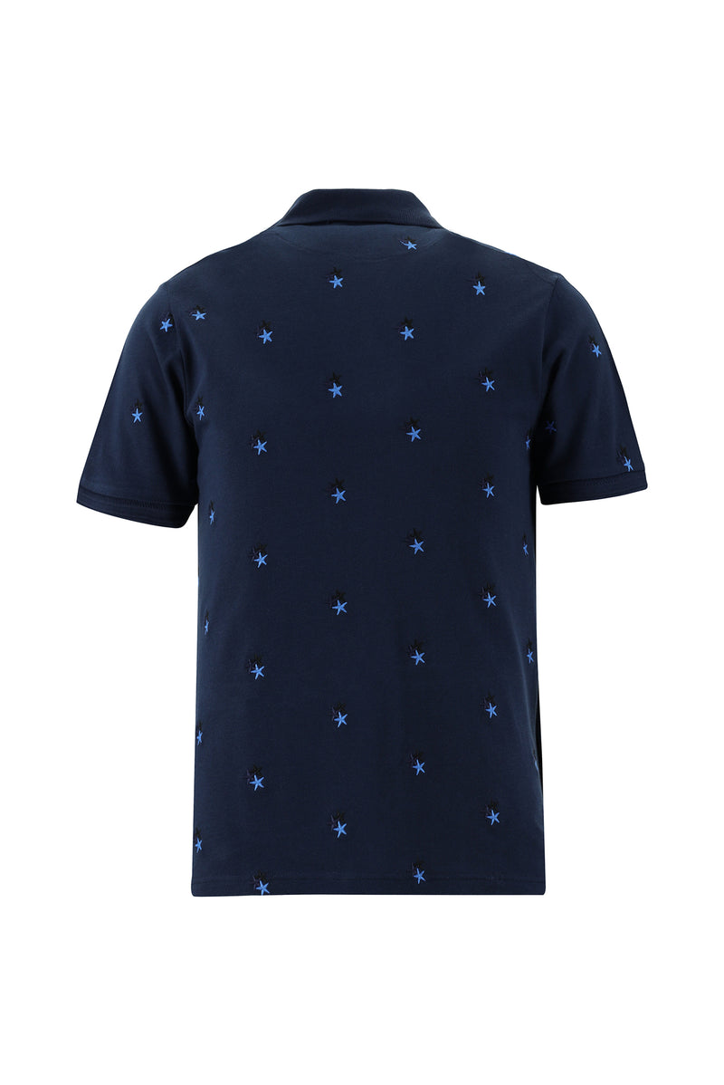 Koyu Lacivert Polo Yaka Regular Fit Pamuk Desenli T-shirt