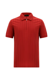 Açık Kırmızı Regular Fit Fermuarlı Desenli Merserize Pamuk Polo Yaka T-shirt