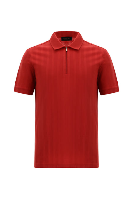 Açık Kırmızı Regular Fit Fermuarlı Desenli Merserize Pamuk Polo Yaka T-shirt