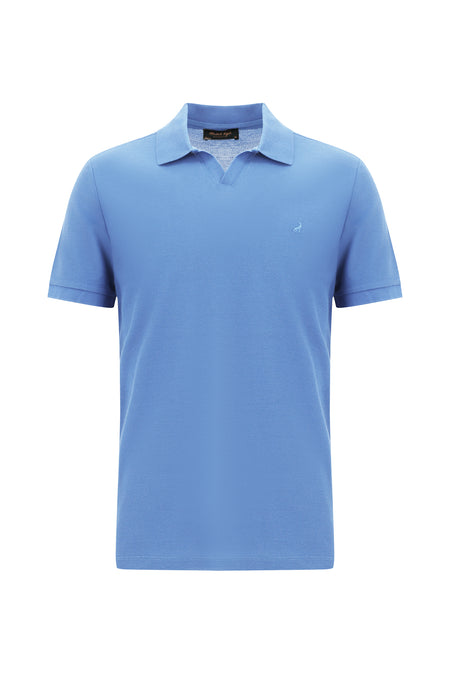 Mavi Polo Yaka Slim Fit Dar Kesim Desenli Nakışlı Merserize Pamuk T-shirt