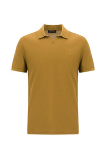 Koyu Bej Polo Yaka Slim Fit Dar Kesim Desenli Nakışlı Merserize Pamuk T-shirt