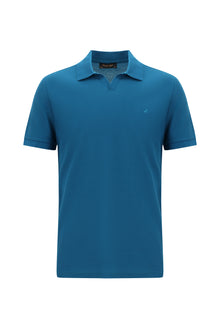 Açık Petrol Polo Yaka Slim Fit Dar Kesim Desenli Nakışlı Merserize Pamuk T-shirt