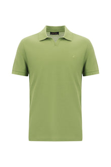 Çağla Yeşili Polo Yaka Slim Fit Dar Kesim Desenli Nakışlı Merserize Pamuk T-shirt