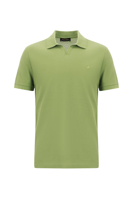 Çağla Yeşili Polo Yaka Slim Fit Dar Kesim Desenli Nakışlı Merserize Pamuk T-shirt