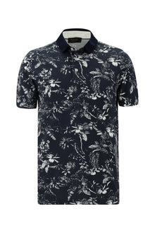 Orta Lacivert Polo Yaka Slim Fit Dar Kesim Desenli Pamuk T-shirt-Abdullah Ki??l?