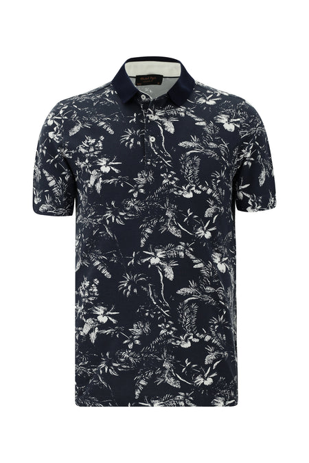 Orta Lacivert Polo Yaka Slim Fit Dar Kesim Desenli Pamuk T-shirt-Abdullah Ki??l?