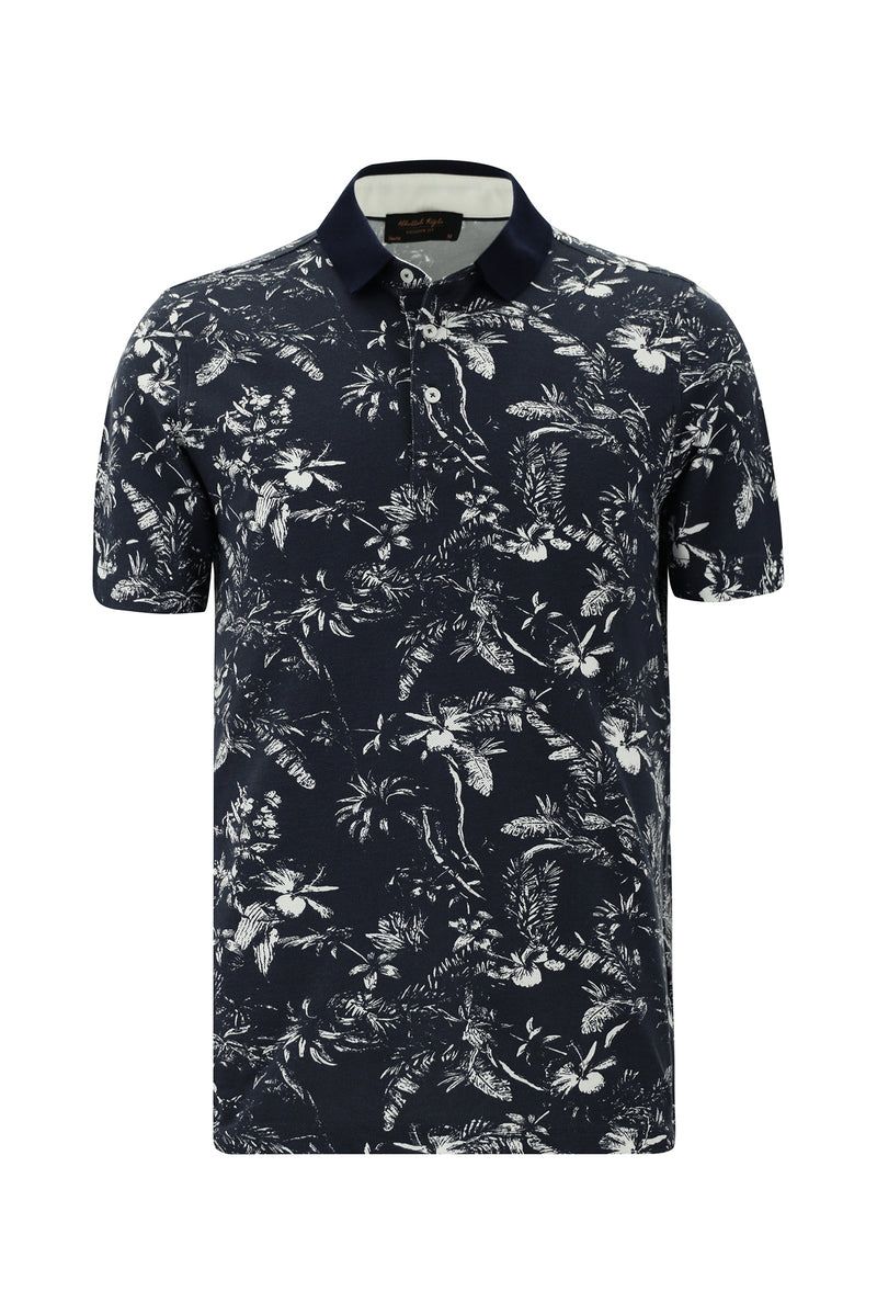 Orta Lacivert Polo Yaka Slim Fit Dar Kesim Desenli Pamuk T-shirt