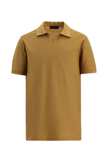 Koyu Bej Slim Fit Dar Kesim Desenli Nakışlı Merserize Pamuk Polo Yaka T-shirt