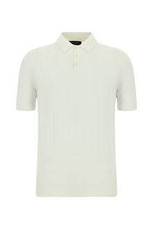 Kırık Beyaz Slim Fit Dar Kesim Desenli Nakışlı Pamuklu Polo Yaka T-shirt