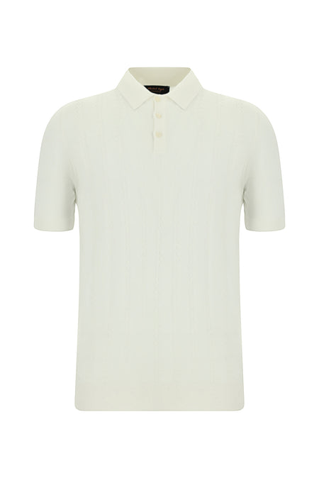 Kırık Beyaz Slim Fit Dar Kesim Desenli Nakışlı Pamuklu Polo Yaka T-shirt