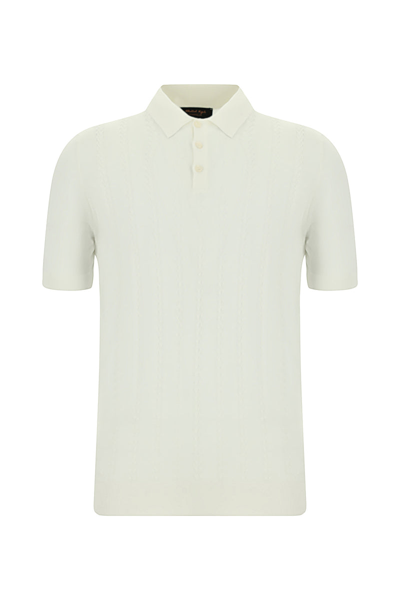 Kırık Beyaz Slim Fit Dar Kesim Desenli Nakışlı Pamuklu Polo Yaka T-shirt