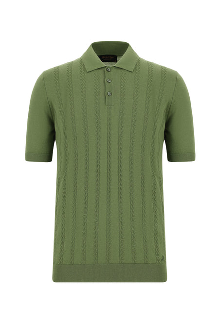 Yağ Yeşili-Olive Slim Fit Dar Kesim Desenli Nakışlı Pamuklu Polo Yaka T-shirt