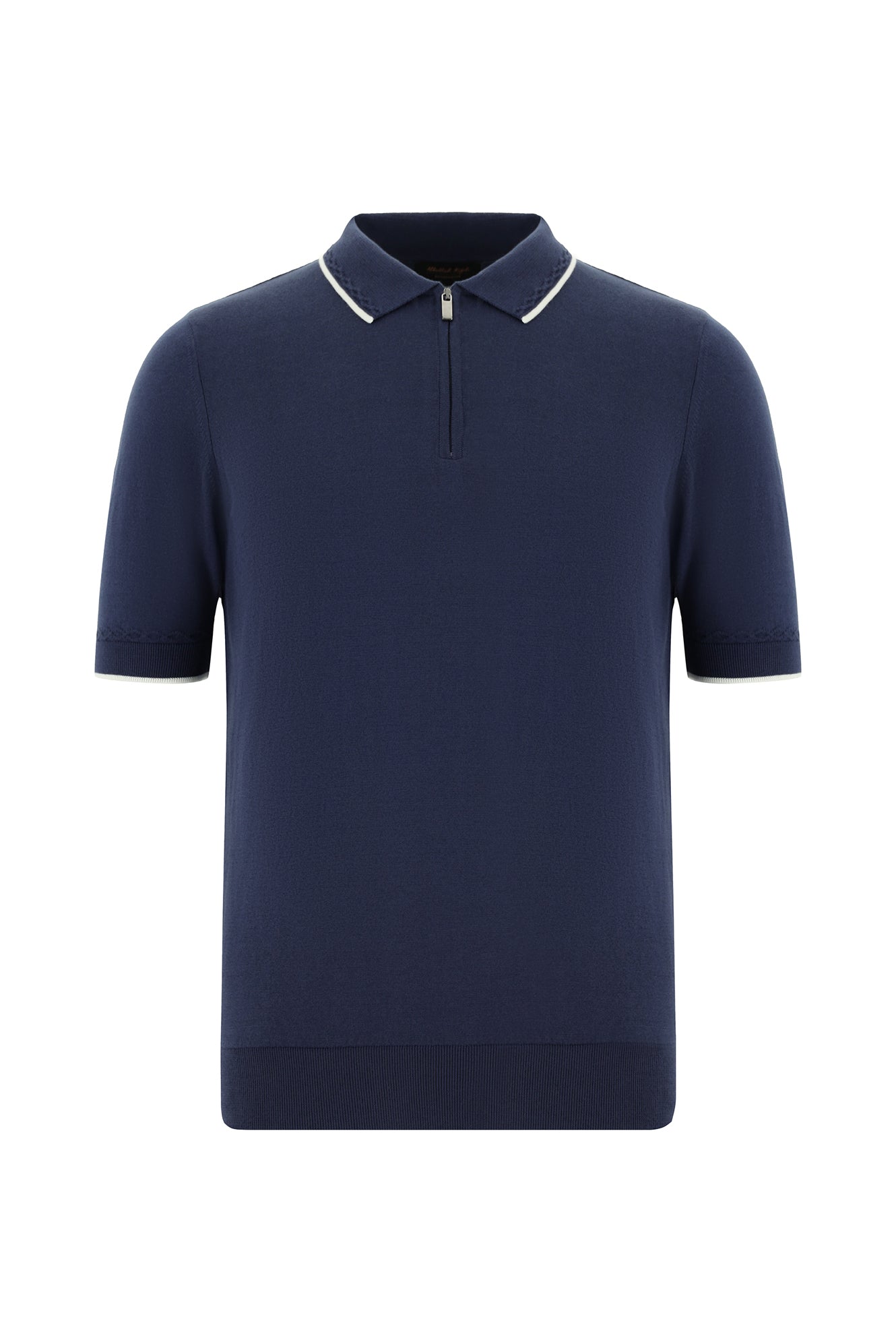 Siyah Lacivert Slim Fit Dar Kesim Fermuarlı Desenli Nakışlı Pamuklu Polo Yaka T-shirt