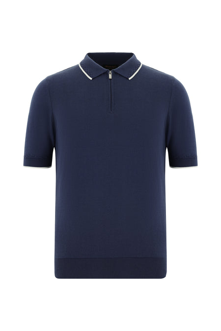 Siyah Lacivert Slim Fit Dar Kesim Fermuarlı Desenli Nakışlı Pamuklu Polo Yaka T-shirt