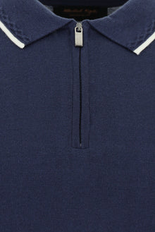 Siyah Lacivert Slim Fit Dar Kesim Fermuarlı Desenli Nakışlı Pamuklu Polo Yaka T-shirt