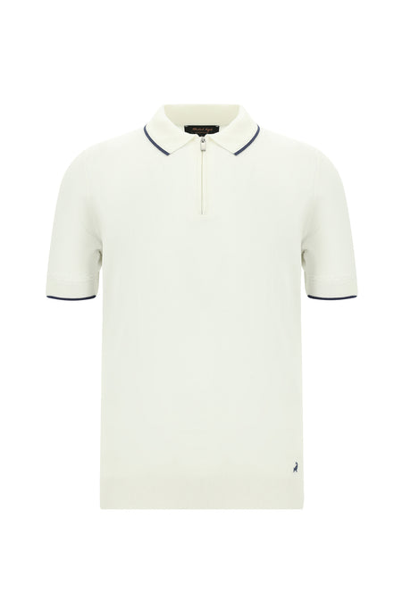 Kırık Beyaz Slim Fit Dar Kesim Fermuarlı Desenli Nakışlı Pamuklu Polo Yaka T-shirt