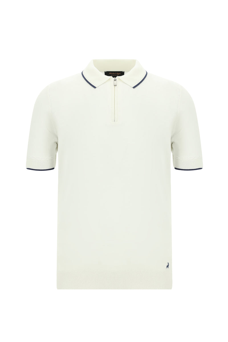 Kırık Beyaz Slim Fit Dar Kesim Fermuarlı Desenli Nakışlı Pamuklu Polo Yaka T-shirt