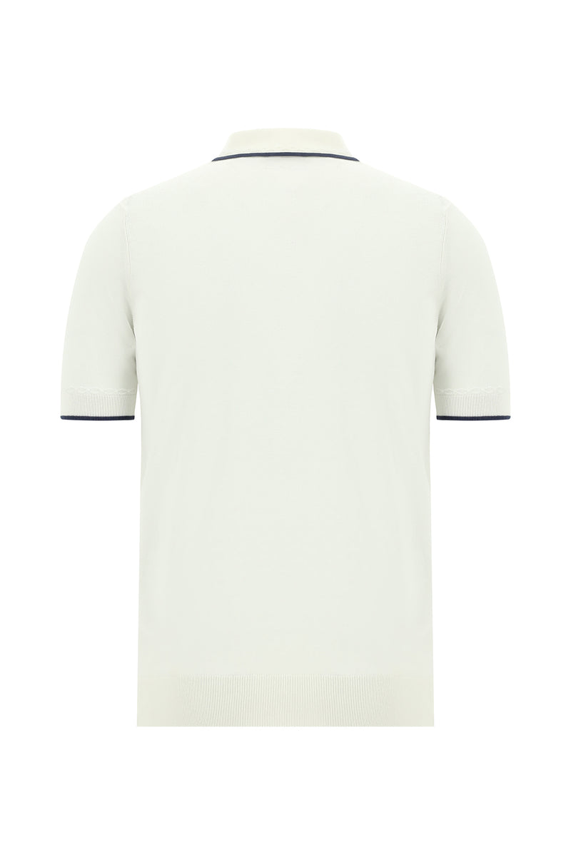 Kırık Beyaz Slim Fit Dar Kesim Fermuarlı Desenli Nakışlı Pamuklu Polo Yaka T-shirt