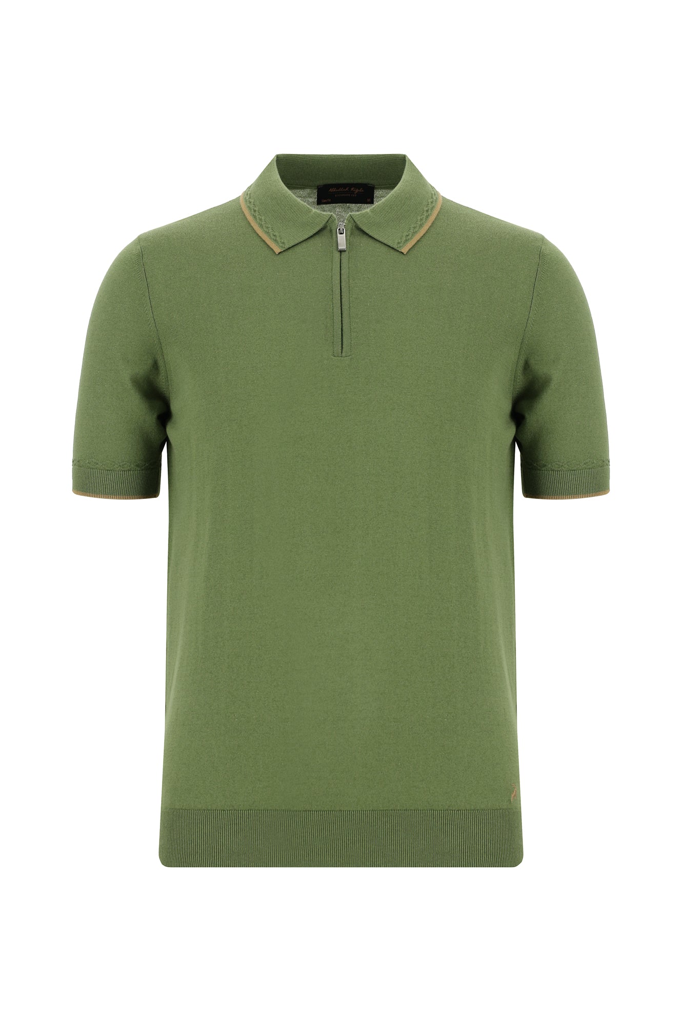 Yağ Yeşili-Olive Slim Fit Dar Kesim Fermuarlı Desenli Nakışlı Pamuklu Polo Yaka T-shirt