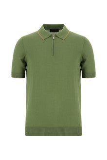 Yağ Yeşili-Olive Slim Fit Dar Kesim Fermuarlı Desenli Nakışlı Pamuklu Polo Yaka T-shirt