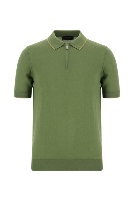 Yağ Yeşili-Olive Slim Fit Dar Kesim Fermuarlı Desenli Nakışlı Pamuklu Polo Yaka T-shirt