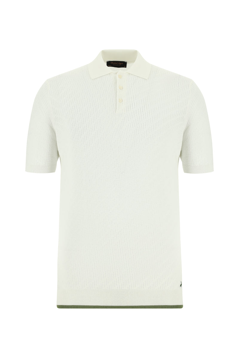 Kırık Beyaz Slim Fit Dar Kesim Desenli Nakışlı Pamuklu Polo Yaka T-shirt