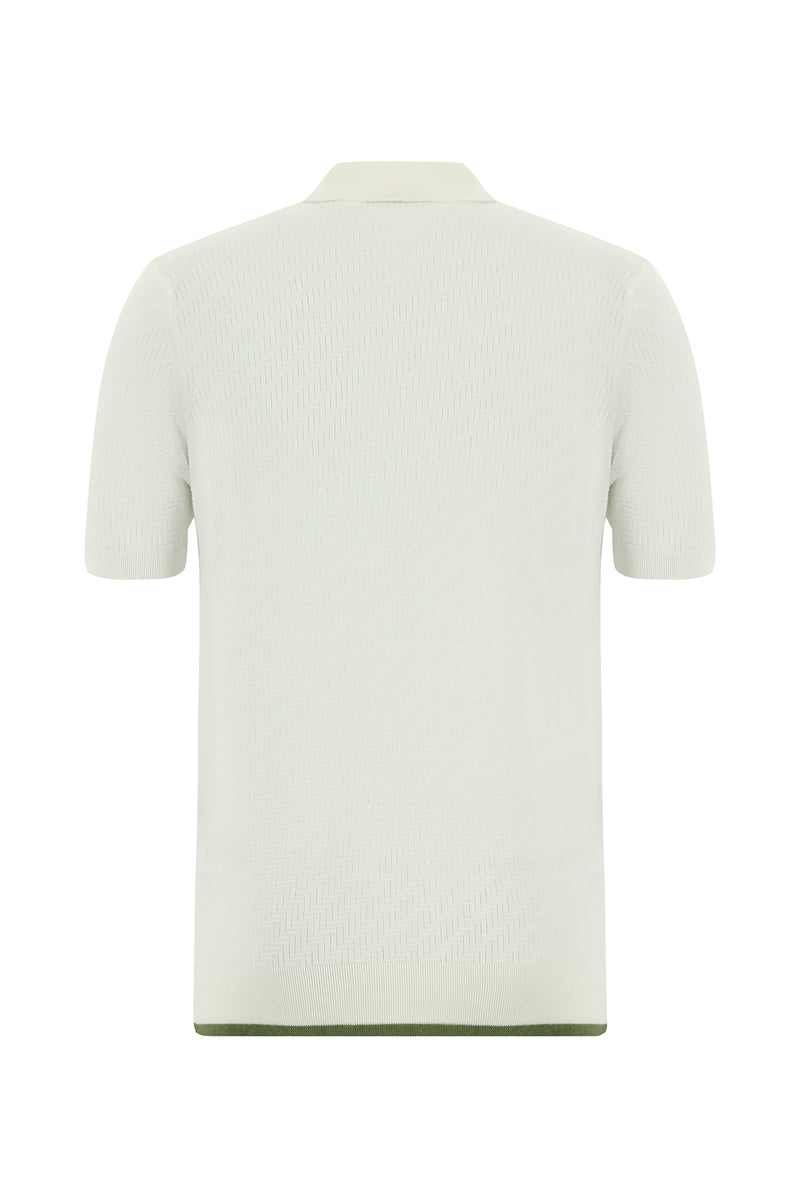 Kırık Beyaz Slim Fit Dar Kesim Desenli Nakışlı Pamuklu Polo Yaka T-shirt